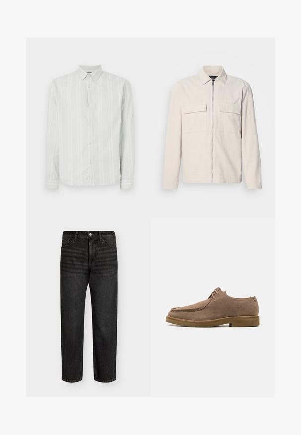 Casaco de corduroy bege claro com fecho dianteiro, dois bolsos no peito, gola e mangas longas. Textura suave e design minimalista.; Camisa de manga longa cinza claro com riscas verticais brancas, fecho frontal com botões e um colarinho clássico. Apresenta detalhes nas mangas.; Conjunto de cinco t-shirts de manga curta nas cores branco, bege, cinza claro, cinza escuro e preto. Feitas de algodão suave, com design de gola redonda.; Jeans de denim preto com corte reto, apresentando uma cintura de altura média, cinco bolsos e fecho em botão de metal. Textura suave com desbotamento sutil.; Zign LEATHER - Sapatos casuais com atacadores - taupe