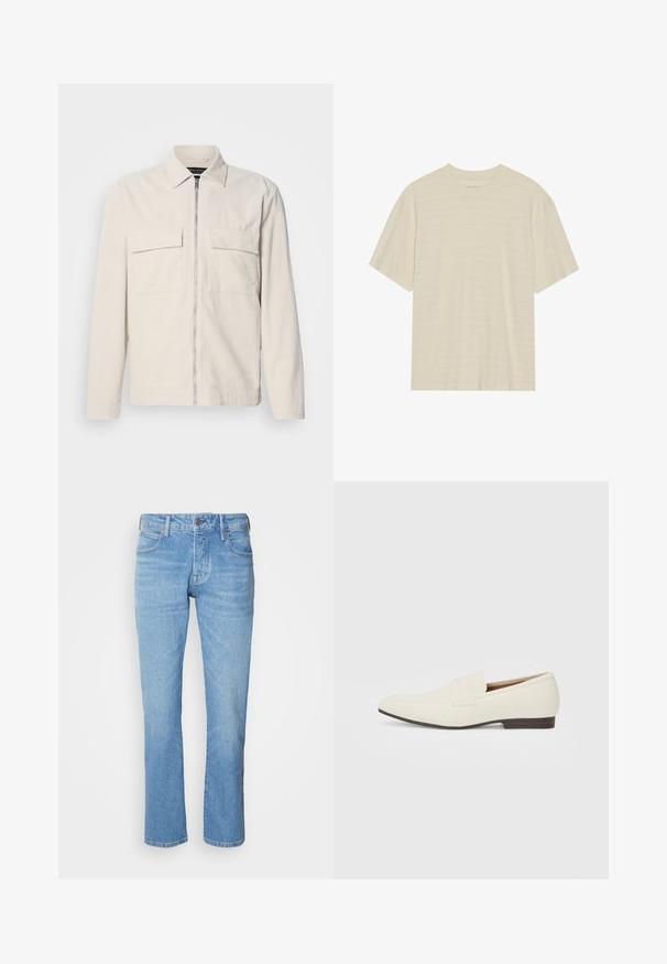 Chaqueta de corduroy beige claro con cremallera en la parte frontal, dos bolsillos en el pecho, un cuello y mangas largas. Textura suave y un diseño minimalista.; Camiseta de manga corta color crema con una sutil textura a rayas y cuello redondo, confeccionada en una tela ligera.; Vaqueros rectos de mezclilla de color azul claro, con cinco bolsillos, cierre de botón y un ligero desvanecimiento para dar textura. Sin marcas visibles.; Mocasines beige claro con puntera puntiaguda, material suave, una correa a través del empeine y una suela baja marrón. Diseño simple con acentos mínimos.