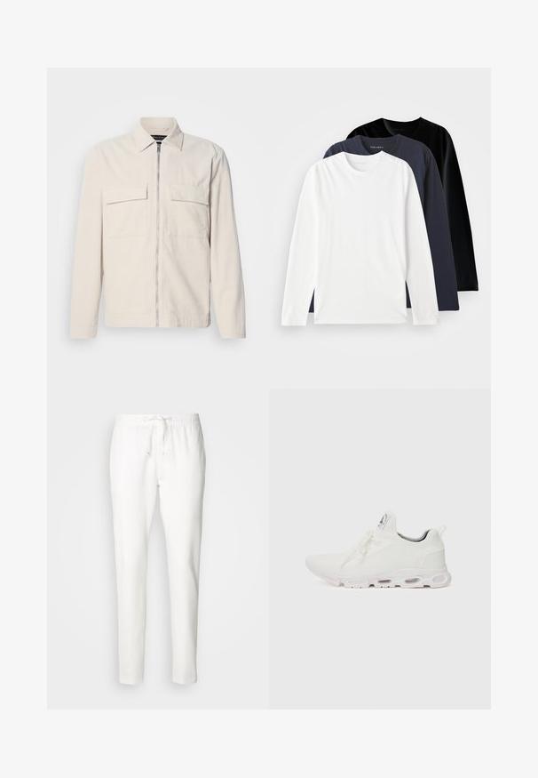 Veste en velours côtelé beige clair avec une fermeture éclair avant, deux poches poitrine, un col et des manches longues. Texture lisse et design minimaliste.; Trois t-shirts à manches longues empilés : un blanc, un bleu marine foncé et un noir. Fabriqués en coton lisse, présentant des encolures rondes et des fentes sur les côtés.; INDICODE JEANS Pantalon classique - offwhite; Baskets blanches de sport avec un dessus en maille texturée, des lacets plats et une semelle rembourrée avec des chambres à air visibles pour un soutien supplémentaire.