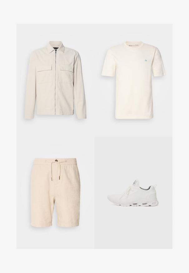 Svijetlosmeđa žakard jakna s prednjim patentnim zatvaračem, dva džepa na prsima, ovratnikom i dugim rukavima. Glatka tekstura i minimalistički dizajn.; Majica od pamuka krem boje s kratkim rukavima, okruglim izrezom i malim plavim grbom na lijevoj strani grudi. Mekana tekstura i opušten kroj.; Scotch & Soda SEASONAL CORE BERMUDA - Kratke hlače - soft camel; Bijele atletske tenisice s gornjim dijelom od teksturiranog pletenog materijala, ravnim vezicama i jastučićem u potplatu s vidljivim zračnim komorama radi dodatne potpore.
