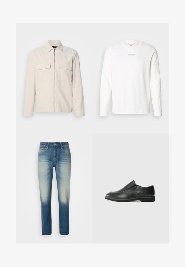 Light beige corduroy jacket with a front zipper, two chest pockets, a collar, and long sleeves. Smooth texture and a minimalist design.; Long-sleeve white cotton t-shirt. Features a crew neck and small black logo text centered on the chest. Soft texture, casual design.; Light blue denim jeans with a faded finish, five pockets, button closure, straight leg design, and contrast stitching details.; Black leather slip-on shoe with a smooth upper, stitched accents, rounded toe, and a low rubber heel. Sole features minimal tread.