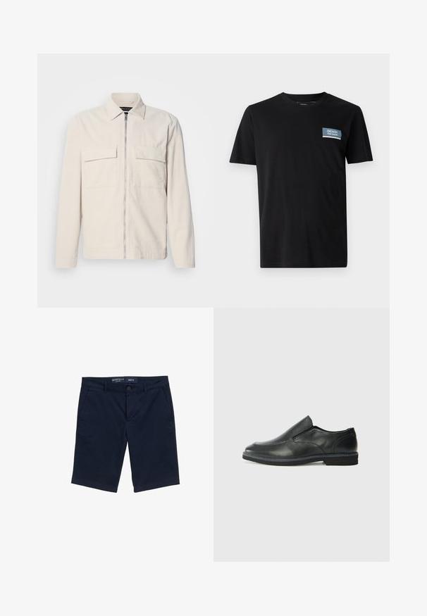 Svetlo bež žametalna jakna z zadrgo spredaj, dvema žepoma na prsih, ovratnikom in dolgimi rokavi. Gladka tekstura in minimalističen dizajn.; Črna majica s kratkimi rokavi, izdelana iz mehkega blaga, z modrim pravokotnim križem z napisom "DENIM TOM TAILOR" na levi strani prsnega koša.; Mornarsko modri kratki hlače iz mešanice bombaža, z gumbom, stranskimi žepi in ravnim krojem. Vidna oznaka velikosti M.; Črne usnjene natikače z gladkim zgornjim delom, prišitimi detajli, zaobljenim nosom in nizkim gumijastim petkom. Podplat ima minimalen profil.