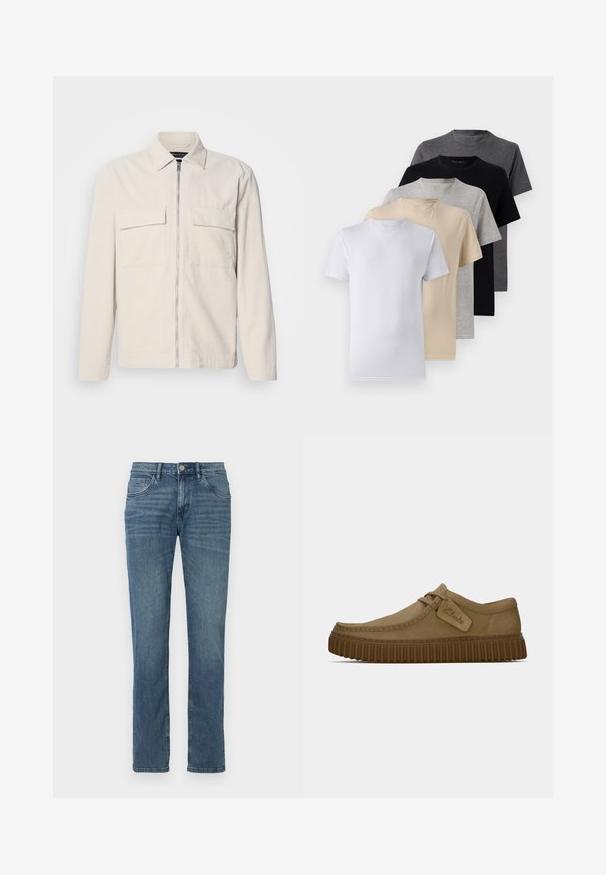 Gai smilšu krāsas korduroja jaka ar priekšējo rāvējslēdzēju, divām krūšu kabatām, apkakli un garām piedurknēm. Gluda tekstūra un minimālistisks dizains.; Piecu īsām piedurknēm T-kreklu komplekts baltā, bēšā, gaiši pelēkā, tumši pelēkā un melnā krāsā. Izgatavoti no gludas kokvilnas, ar apaļu kakla izgriezumu.; Taisni kāju džinsi, izgatavoti no vidēji mazgātas denima. Iekļauj piecas kabatas, pogu aizdari un vieglu izbalēšanu priekšpusē, piešķirot tekstūru.; Gai brūni zamša apavi ar noapaļotu purngalu, šuvju detaļām un ribotu brūnu gumijas zoli. Satur sānu uzlīmi ar "Clarks" logotipu.