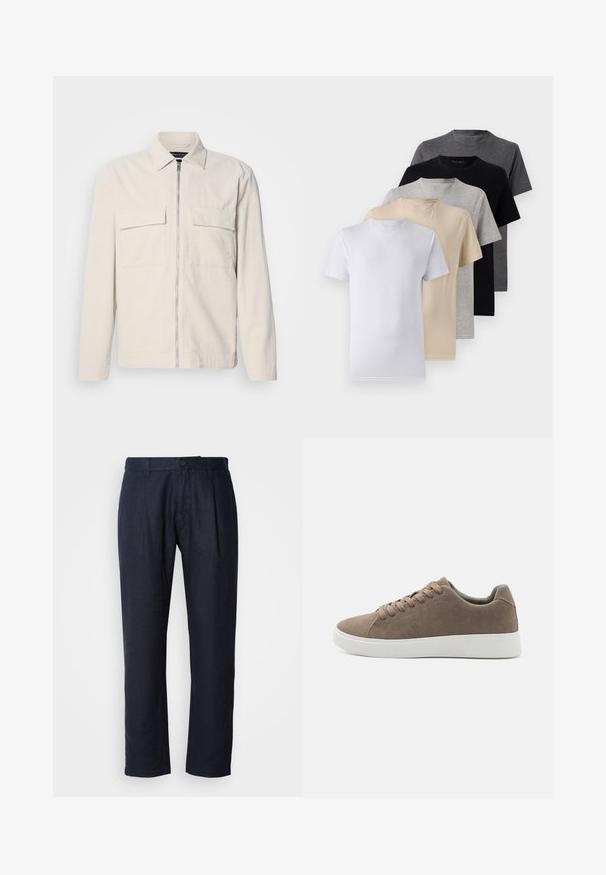 Jasnobeżowa kurtka z czwórkowym materiałem z zamkiem błyskawicznym z przodu, dwoma kieszeniami na piersi, kołnierzem i długimi rękawami. Gładka tekstura i minimalistyczny design.; Zestaw pięciu t-shirtów z krótkim rękawem w kolorach białym, beżowym, jasnoszarym, ciemnoszarym i czarnym. Wykonane z gładkiej bawełny, z klasycznym dekoltem.; Ciemnoniebieskie lniane spodnie z przodem w zakładki, pasem z szlufkami i zapięciem na jeden guzik.; Brązowe zamszowe tenisówki z płaskimi białymi gumowymi podeszwami, sznurowanym zapięciem, okrągłym noskiem i gładką teksturą. Minimalistyczny styl z subtelnymi detalami w szwach.