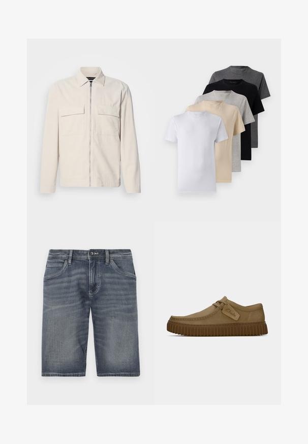 Light beige corduroy jacket with a front zipper, two chest pockets, a collar, and long sleeves. Smooth texture and a minimalist design.; Set of five short-sleeve t-shirts in white, beige, light gray, dark gray, and black. Made of smooth cotton, featuring crew neck design.; Denim shorts in a faded blue hue, featuring a button and zipper closure, five pockets, and visible stitching detail.; Light brown suede shoes with a rounded toe, stitched detailing, and a ribbed brown rubber sole. Features a side tag with "Clarks" logo.
