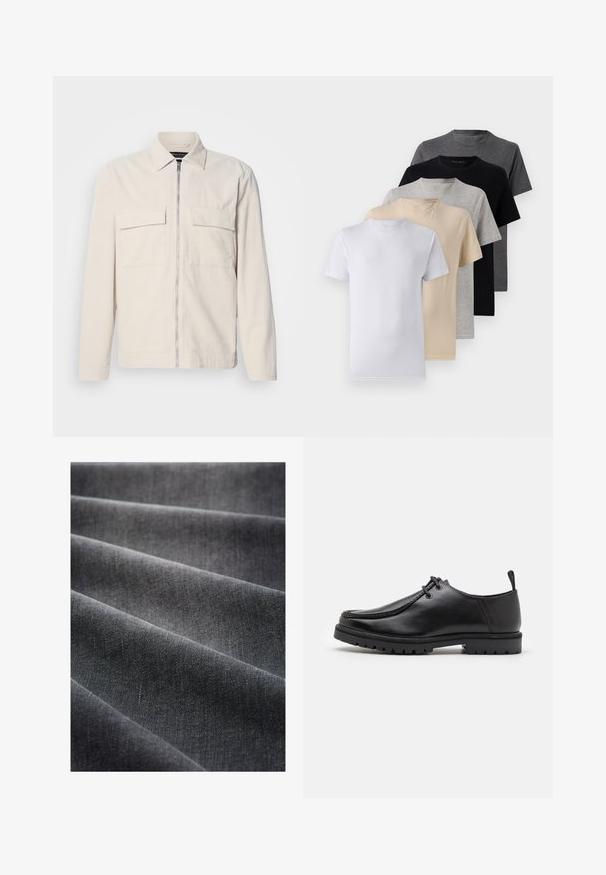 Helebeež kordflöödidest jakki, millel on ees tõmblukk, kaks rinna taskut, krae ja pikad varrukad. Sile tekstuur ja minimalistlik disain.; Viie lühikese varrukaga T-särgi komplekt, mis sisaldab valget, beeži, heletüüki, tumehallit ja musta. Valmistatud siledast puuvillast, ümmarguse kaela disainiga.; Must mustrakk, millel on sile tekstuur, voolab lainetena. Pind näitab õrna läiget ja on tihedalt kootud, rõhutades klassikalist disaini.; Must küljest musta nahast sidumisjalatsiga, millel on tugeva tallaga ja kandmiselauaga, valge tausta ees.