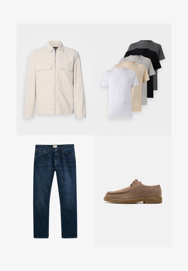 Šviesiai smėlio spalvos kordūrojo švarkas su priekiniais užtrauktukais, dviem krūtinės kišenėmis, apykakle ir ilgomis rankovėmis. Lygus paviršius ir minimalistinis dizainas.; Penki trumpomis rankovėmis marškiniai, baltos, smėlio, šviesiai pilkos, tamsiai pilkos ir juodos spalvų. Pagaminti iš švelnaus medvilnės, suapvalinto kaklo dizainu.; Tamsiai mėlynos džinsinės kelnės su tiesiomis kojomis, su mygtukų ir užtrauktukų uždarymu bei priekinėmis kišenėmis. Lygus paviršius ir minimalus blukimas.; Zign LEATHER - Kasdieniai suvarstomi batai - taupe