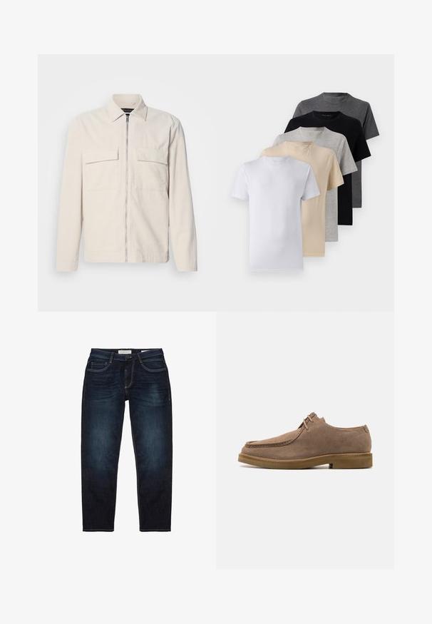 Šviesiai smėlio spalvos kordūrojo švarkas su priekiniais užtrauktukais, dviem krūtinės kišenėmis, apykakle ir ilgomis rankovėmis. Lygus paviršius ir minimalistinis dizainas.; Penki trumpomis rankovėmis marškiniai, baltos, smėlio, šviesiai pilkos, tamsiai pilkos ir juodos spalvų. Pagaminti iš švelnaus medvilnės, suapvalinto kaklo dizainu.; Tamsiai mėlynų džinsų kelnių su standartiniu pritaikymu, su užtrauktuku, penkiomis kišenėmis ir kontrastingomis geltonomis siūlėmis. Iš viso lygus tekstūra.; Zign LEATHER - Kasdieniai suvarstomi batai - taupe