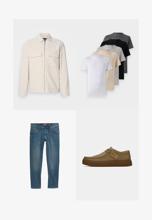 Chaqueta de corduroy beige claro con cremallera en la parte frontal, dos bolsillos en el pecho, un cuello y mangas largas. Textura suave y un diseño minimalista.; Conjunto de cinco camisetas de manga corta en blanco, beige, gris claro, gris oscuro y negro. Hechas de algodón suave, con un diseño de cuello redondo.; Vaqueros de mezclilla azul con un ajuste tapered, diseño de cinco bolsillos y una cinturilla interior roja. Presentan un parche con el logo en el bolsillo trasero.; Zapatos de ante marrón claro con puntera redondeada, detalles de costura y una suela de goma marrón acanalada. Presentan una etiqueta lateral con el logotipo de "Clarks".