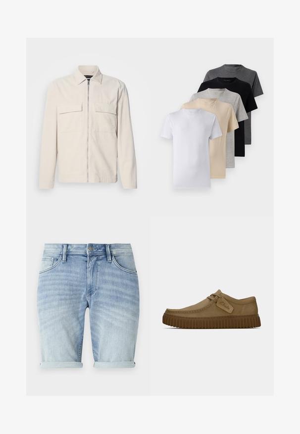 Lichtbeige corduroy jack met een rits aan de voorkant, twee borstzakken, een kraag en lange mouwen. Smooth textuur en een minimalistisch ontwerp.; Set van vijf T-shirts met korte mouwen in wit, beige, lichtgrijs, donkergrijs en zwart. Gemaakt van gladde katoen en voorzien van een ronde hals.; Lichtblauwe denim shorts met een vervaagde afwerking, opgerolde manchetten, zijzakken en een metalen knoopsluiting in de taille.; Lichtbruine suède schoenen met een ronde neus, gestikte details en een geribbeld bruine rubberen zool. Bevat een zijlabel met het "Clarks" logo.
