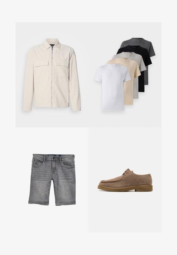 Helle beigefarbene Cordjacke mit einem Reißverschluss vorne, zwei Brusttaschen, einem Kragen und langen Ärmeln. Glatte Textur und minimalistisches Design.; Set aus fünf Kurzarm-T-Shirts in Weiß, Beige, Hellgrau, Dunkelgrau und Schwarz. Hergestellt aus glattem Baumwollmaterial, mit Rundhalsausschnitt.; Graue Denim-Shorts mit geradem Schnitt, ausgestattet mit fünf Taschen, Knopf- und Reißverschluss, sowie leichter Ausbleichung des Stoffes. Größe M.; Zign LEATHER - Sportlicher Schnürer - taupe