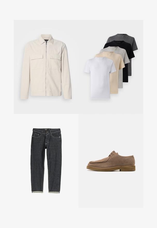 Helebeež kordflöödidest jakki, millel on ees tõmblukk, kaks rinna taskut, krae ja pikad varrukad. Sile tekstuur ja minimalistlik disain.; Viie lühikese varrukaga T-särgi komplekt, mis sisaldab valget, beeži, heletüüki, tumehallit ja musta. Valmistatud siledast puuvillast, ümmarguse kaela disainiga.; Tumed sinine teksapüksid otse sääre disainiga, heledad õmblused, viis taskut ja pahkluude juures keeratud sääred. Tekstuuriga kangas.; Zign LEATHER - Igapäevased paeltega jalatsid - taupe