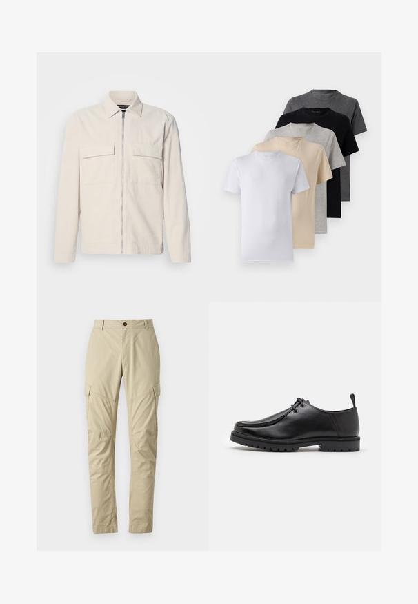 Lys beige fløjljakke med en frontal lynlås, to brystlommer, krave og lange ærmer. Glat tekstur og et minimalistisk design.; Sæt af fem kortærmede t-shirts i hvid, beige, lys grå, mørk grå og sort. Fremstillet af glat bomuld med rund halsudskæring.; Beige cargo bukser lavet af letvægtsstof, med flere lommer, en knaplukning og et tapered ben design. Glat tekstur.; Sort læder snøresko med en robust sål og en pull tab ved hælen, vist fra siden på en hvid baggrund.
