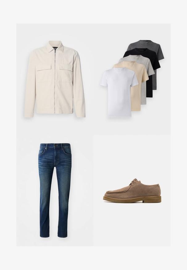 Light beige corduroy jacket with a front zipper, two chest pockets, a collar, and long sleeves. Smooth texture and a minimalist design.; Set of five short-sleeve t-shirts in white, beige, light gray, dark gray, and black. Made of smooth cotton, featuring crew neck design.; Dark blue denim jeans with a slim fit, featuring five pockets, a front button closure, and a subtle faded texture on the legs.; Zign LEATHER - Casual lace-ups - taupe