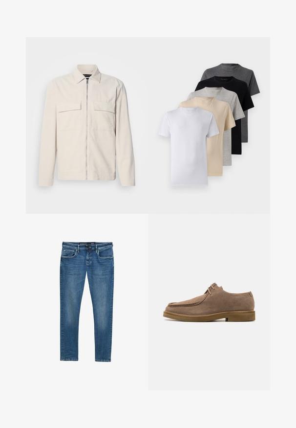 Svetlobéžová kordová bunda s predným zipsom, dvoma náprsníkovými vreckami, golierom a dlhými rukávmi. Hladká textúra a minimalistický dizajn.; Sada piatich tričiek s krátkym rukávom v bielej, béžovej, svetlošedej, tmavošedej a čiernej farbe. Vyrobené z hladkej bavlny, s dizajnom okrúhleho výstrihu.; Modré džínsy s rovnými nohavicami, dizajnom so piatimi vreckami, jemným prehnutím na stehnách a páskou na páse označujúcou veľkosť 31/32.; Zign LEATHER - Neformálne šnurovačky - taupe