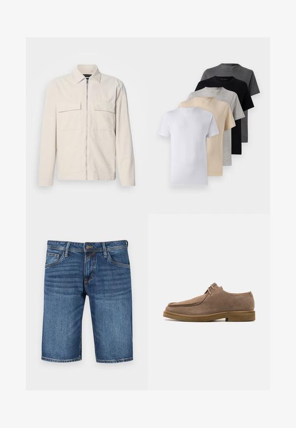 Šviesiai smėlio spalvos kordūrojo švarkas su priekiniais užtrauktukais, dviem krūtinės kišenėmis, apykakle ir ilgomis rankovėmis. Lygus paviršius ir minimalistinis dizainas.; Penki trumpomis rankovėmis marškiniai, baltos, smėlio, šviesiai pilkos, tamsiai pilkos ir juodos spalvų. Pagaminti iš švelnaus medvilnės, suapvalinto kaklo dizainu.; Tamsiai mėlynos džinsinės bermudų šortai su tiesiu kirpimu, penkių kišenių dizainu ir kontrastine siūle. Mygtuko ir užtrauktuko uždarymas juosmens srityje.; Zign LEATHER - Kasdieniai suvarstomi batai - taupe