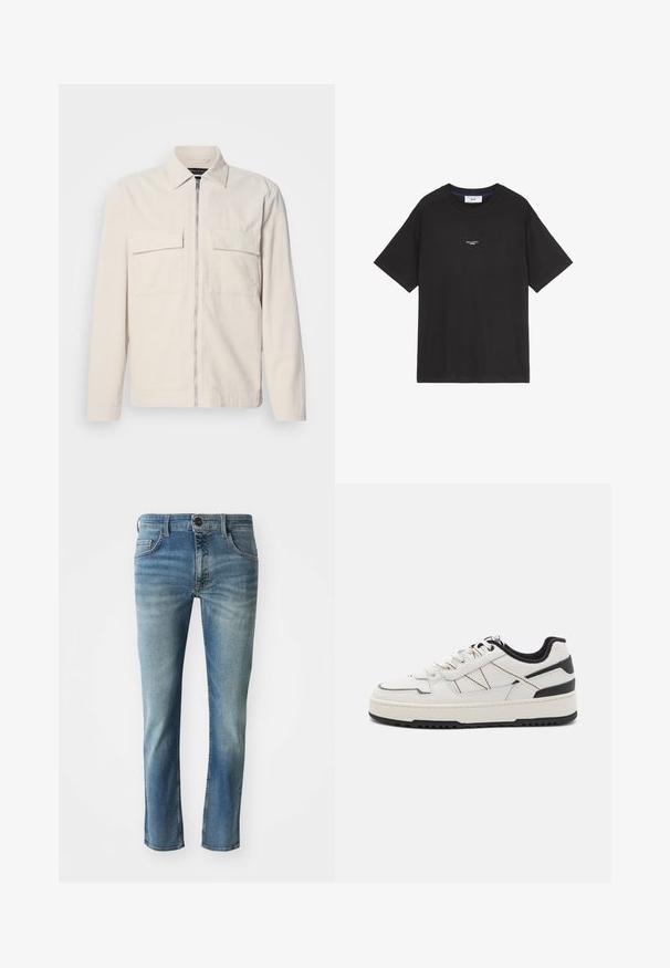 Veste en velours côtelé beige clair avec une fermeture éclair avant, deux poches poitrine, un col et des manches longues. Texture lisse et design minimaliste.; T-shirt en coton noir avec un col rond et des manches courtes. Présente un petit logo blanc sur le devant. Design simple, coupe décontractée.; Jean en denim bleu clair avec une coupe droite, jambes légèrement décolorées, design à cinq poches et fermeture à bouton à la taille.; Sneaker en cuir blanc avec un accent de talon noir, semelle texturée et détails cousus. Présente un laçage à l'avant et des rayures sur les côtés.