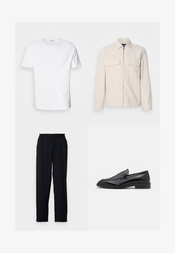 Light beige corduroy jacket with a front zipper, two chest pockets, a collar, and long sleeves. Smooth texture and a minimalist design.; White cotton T-shirt with a crew neck, short sleeves, and a straight hem. The fabric has a smooth texture and no patterns.; Libertine-Libertine ALIVE - Trousers - dark navy; Black leather loafers with a smooth finish, featuring a rounded toe and a narrow band across the upper. Low stacked heel.