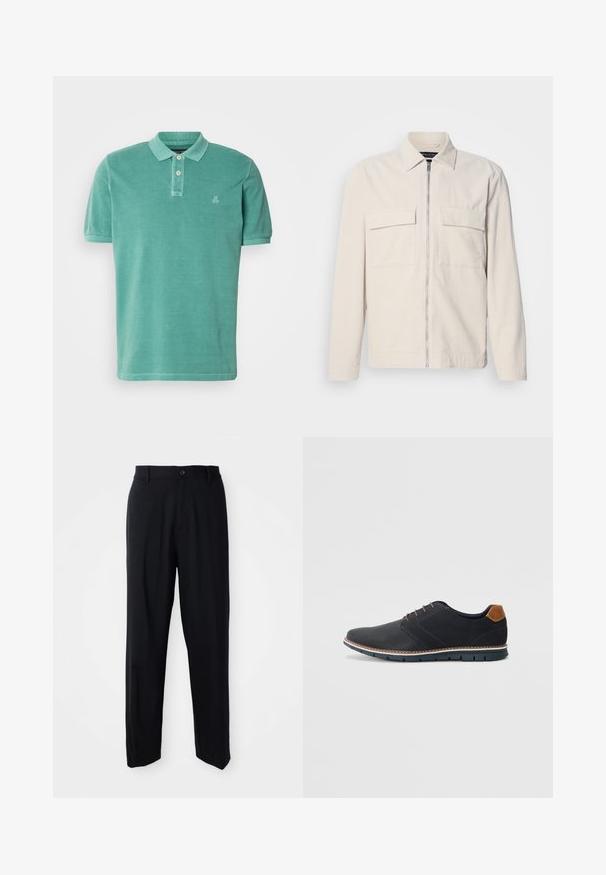 Lys beige kordfløyelsjakke med glidelås foran, to brystlommer, krage og lange ermer. Glatt tekstur og minimalistisk design.; Polo-skjorte i teal, laget av bomull med klassisk krage, to-knappslukking og en liten logo på venstre siden av brystet.; Sorte rett-bente bukser med beltehemper, knappeforing og et elegant, minimalistisk design på en nøytral bakgrunn.; Sorte syntetiske sko med en teksturert overdel, glatte detaljer, brun hæl og en kontrastfarge på sålen. Har minimalt snøring og sømdetaljer.