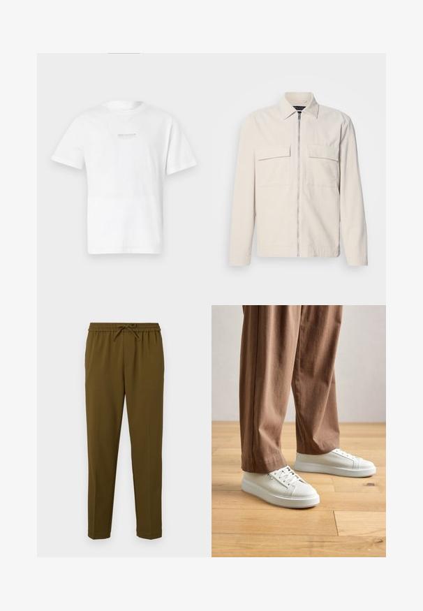 Svijetlosmeđa žakard jakna s prednjim patentnim zatvaračem, dva džepa na prsima, ovratnikom i dugim rukavima. Glatka tekstura i minimalistički dizajn.; Bijela pamučna majica kratkih rukava, s okruglim izrezom i jednostavnim printed logotipom na prednjoj strani. Glatka tekstura i standardni kroj.; Maslinasto zelene, lagane hlače s elastičnim pojasom i podesivom vezicom. Imaju ravne nogavice i bez džepova. Glatka tekstura.; Osoba u bijelim teksturiranim niskim tenisicama i širokim smeškim hlačama, stoji na svijetlom drvenom podu.