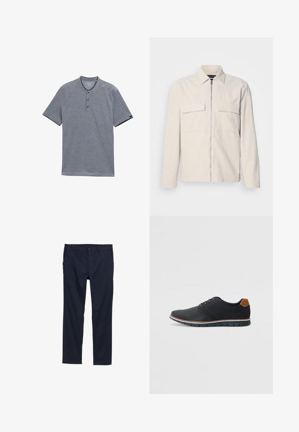 Világos bézs kordbársony dzseki elől cipzárral, két mellzsebbel, gallérral és hosszú ujjakkal. Sima textúrájú és minimalista dizájnnal rendelkezik.; Szürke, rövid ujjú póló puha anyagból, henley gallérral, három gombbal és kontrasztos tengerészkék díszítéssel az ujjakon és a nyakvonalnál.; Sötétkék, könnyű nadrág sima textúrával, egyenes szárú dizájnnal, gombos záródással és oldalsó zsebekkel.; Fekete szintetikus cipők, textúrált felsőrésszel, sima díszítésekkel, barna sarkával és kontrasztos talppal. Minimális fűzéssel és varrási részletekkel rendelkezik.
