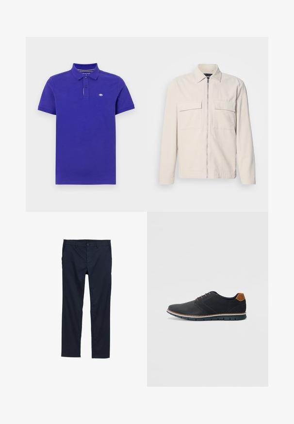 Veste en velours côtelé beige clair avec une fermeture éclair avant, deux poches poitrine, un col et des manches longues. Texture lisse et design minimaliste.; Polo en coton violet foncé, présentant un col à deux boutons, des manches courtes et un petit logo sur la poitrine gauche. Texture douce.; Pantalons légers bleu marine avec une texture lisse, coupe droite, fermeture à bouton et poches latérales.; Chaussures synthétiques noires avec un dessus texturé, accents lisses, talon marron et semelle contrastante. Présente un laçage minimal et des détails de couture.