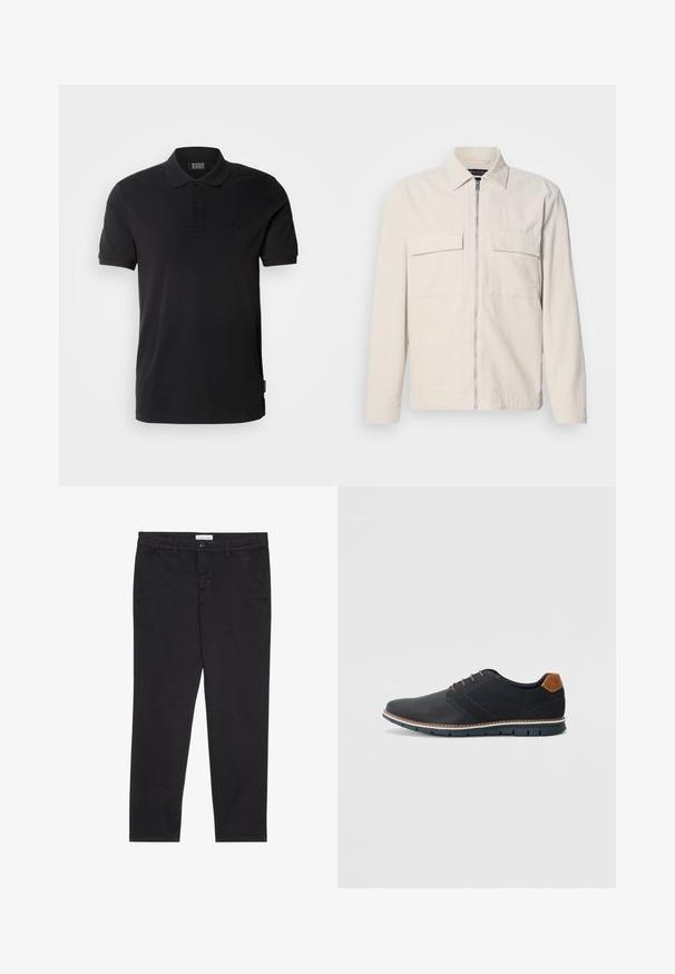 Casaco de corduroy bege claro com fecho dianteiro, dois bolsos no peito, gola e mangas longas. Textura suave e design minimalista.; Camisa polo preta em algodão, com colarinho clássico, fecho de botão de três, mangas curtas e um logótipo discreto no peito.; Calças de algodão pretas com um corte justo, apresentando dois bolsos laterais e um fecho frontal com botão. Tecido texturizado com detalhes subtis.; Sapatos sintéticos pretos com um upper texturizado, pormenores lisos, salto castanho e uma sola contrastante. Apresentam um sistema de atacadores mínimo e detalhes de costura.