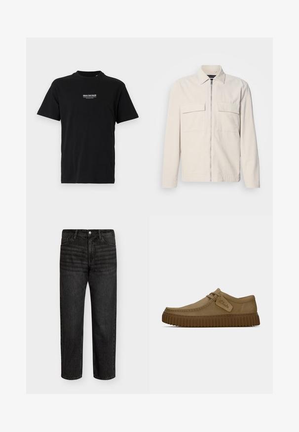Svijetlosmeđa žakard jakna s prednjim patentnim zatvaračem, dva džepa na prsima, ovratnikom i dugim rukavima. Glatka tekstura i minimalistički dizajn.; Crna pamučna majica s okruglim izrezom, kratkim rukavima i malim bijelim printanim logotipom na lijevoj strani prsnog koša. Jednostavan kroj, bez dodatnih uzoraka.; Crne traperice od denima ravnog kroja, s srednjim strukom, pet džepova i metalnim kopčanjem. Glatka tekstura s blagim izbleđivanjem.; Svijetlosmeđi nubuk cipele s okruglim vrhom, šavovima detaljima i rebrastom smeškom gumom. Ima bočnu oznaku s "Clarks" logotipom.