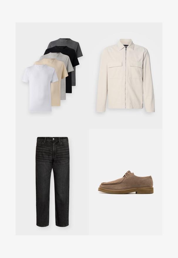 Chaqueta de corduroy beige claro con cremallera en la parte frontal, dos bolsillos en el pecho, un cuello y mangas largas. Textura suave y un diseño minimalista.; Conjunto de cinco camisetas de manga corta en blanco, beige, gris claro, gris oscuro y negro. Hechas de algodón suave, con un diseño de cuello redondo.; Jeans de mezclilla negra con corte recto, con una cintura de altura media, cinco bolsillos y cierre de botón de metal. Textura suave con un ligero desgastado.; Zign LEATHER - Zapatos con cordones - taupe