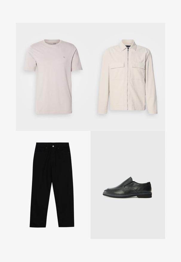 Jasnobeżowa kurtka z czwórkowym materiałem z zamkiem błyskawicznym z przodu, dwoma kieszeniami na piersi, kołnierzem i długimi rękawami. Gładka tekstura i minimalistyczny design.; Jasno beżowy bawełniany t-shirt z okrągłym dekoltem, krótkimi rękawami i małym logo na piersi. Gładka tekstura, luźny krój.; Czarne spodnie dżinsowe w klasycznym kroju prostym, z pięcioma kieszeniami i zapięciem na guzik z przodu. Gładka tekstura z minimalnymi detalami szwy.; Czarne skórzane buty wsuwane z gładką cholewką, przeszyciami, okrągłym noskiem i niskim gumowym obcasem. Podeszwa ma minimalny bieżnik.