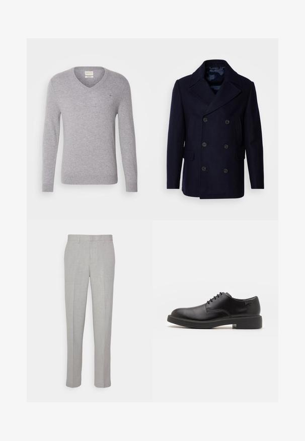 Isaac Dewhirst NEW SHORT PEACOAT SIDE ENTRY - Jas - navy; Grijze wollen V-hals trui met lange mouwen, voorzien van een klein geborduurd logo op de borst en geribde manchetten en onderkant.; Lichtgrijze broek met een gladde textuur, platte voorkant en rechte pijpen. Gemaakt van ademend materiaal, met interne zakken en riemlussen.; Zwarte leren veterschoen met een ronde neus, een gladde textuur, minimale stiksels en een lage rubberen hak. Logo op de hak.