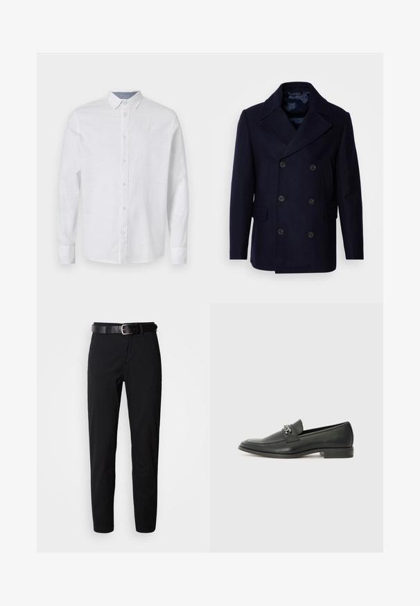 Isaac Dewhirst NEW SHORT PEACOAT SIDE ENTRY - Light jacket - navy; White long-sleeve shirt in lightweight fabric with a button-up front, collar, and subtle texture. Includes a contrast inner collar detail.; Black trousers with a straight cut, featuring a smooth texture and a black leather belt with a silver buckle. Simple design, no patterns or accents.; Black leather loafer with a smooth finish, featuring a stitched design and a decorative metal chain accent across the vamp. Flat heel.