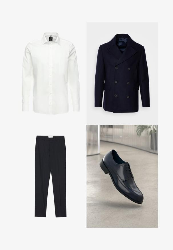 Isaac Dewhirst NEW SHORT PEACOAT SIDE ENTRY - Mezisezónní bunda - navy; Bílá košile s dlouhým rukávem, s knoflíkovým zapínáním vpředu, klasický límec, hladká bavlněná tkanina, lehká, s jemným prošitím a bez vzorů.; Černé saka s plochým předním dílem, klasického střihu, vyrobené z hladké látky, s přitlačenými sklady a bočními kapsami.; Lesklá černá kožená společenská obuv s tkaničkami, plovoucí nad hladkým, světle šedým podlahovým povrchem a s vertikálními kovovými pruty v pozadí.