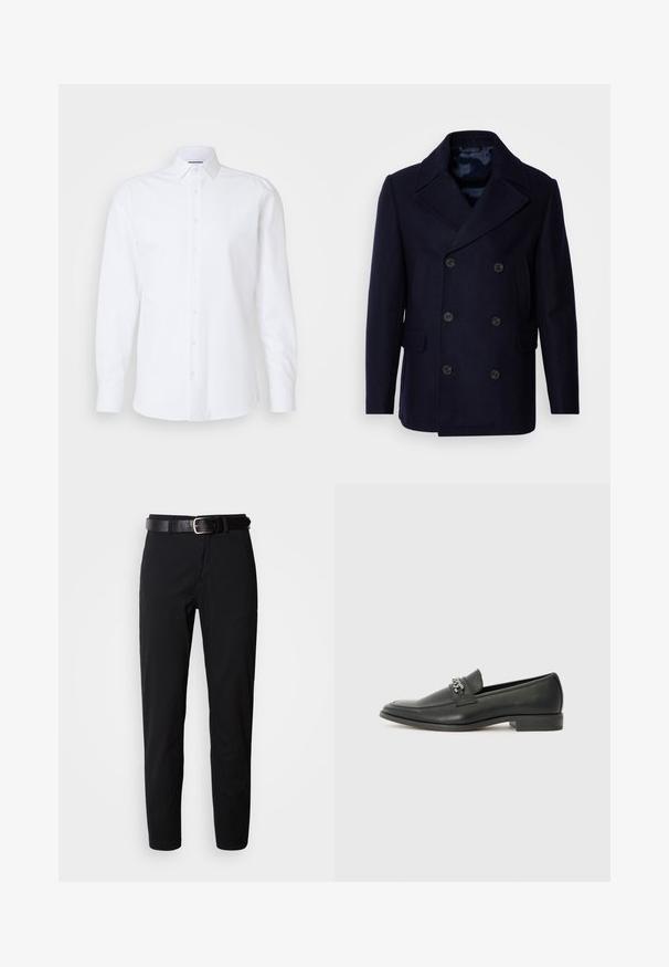 Isaac Dewhirst NEW SHORT PEACOAT SIDE ENTRY - Lengva striukė - navy; Balta ilgomis rankovėmis marškiniai, pagaminti iš lygaus medvilnės. Turi klasikinį apykaklę, priekinę kišenę su mygtukais ir tiesią apatinę dalį.; Juodi kelnių modeliai su tiesiu kirpimu, turintys lygų paviršių ir juodas odinis diržas su sidabriniu sagtimi. Paprastas dizainas, be raštų ar akcentų.; Juodos odinės loafer tipo bateliai su lygiu paviršiumi, turintys siuvinėtą dizainą ir dekoratyvų metalo grandinėlės akcentą ant batų viršaus. Plokščias kulnas.