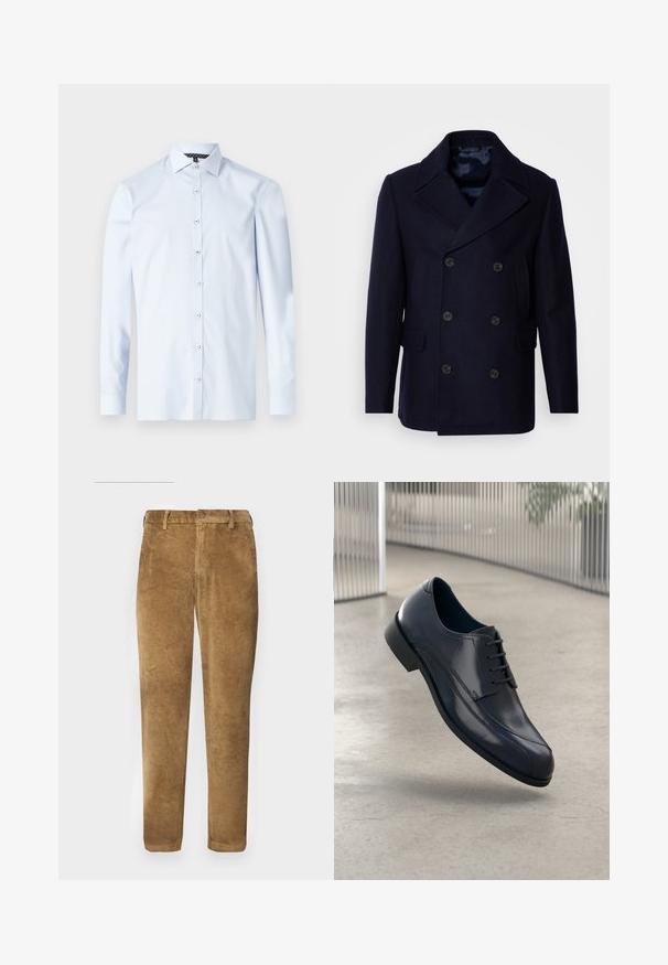 Isaac Dewhirst NEW SHORT PEACOAT SIDE ENTRY - Kerge jope - navy; Heled sinine pikade varrukatega särk, mis on valmistatud puuvillast, nupuga ees, terava krae ja kontrastse mustriga sisekrae detailiga.; Pruunid korduroy püksid vertikaalse ribakonstruktsiooniga, sirge lõikega, nööbiga kinnitamine ja vöörihmadega. Sile kangas pehme viimistlusega.; Läike must nahkne king, millel on paelad, hõljuv siledate heledate halli põranda kohal ning taustal vertikaalsed metallist vardad.