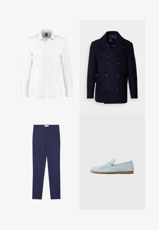 Isaac Dewhirst NEW SHORT PEACOAT SIDE ENTRY - Kerge jope - navy; Valge pikkade varrukatega särk, mis on valmistatud siledast kangast. Särgil on klassikaline krae, nööbid ees ja mansetid ühes nööbiga. Ilma mustrite ja aksessuaarideta.; Tumesinised pidžaamapüksid sujuvast kangast, millel on lame esikülg, kaks küljetaskut, lukuga tõmblukk ning puhas äär ilma mustrite või aktsentideta.; Heledad sinised loafers, mis on valmistatud poorilisest materjalist, lame tallaga, dekoratiivse rihmaga üle vampi ja minimaalsete õmbluste detailidega.