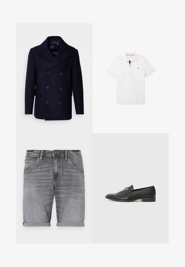 Isaac Dewhirst NEW SHORT PEACOAT SIDE ENTRY - Ελαφρύ μπουφάν - navy; Λευκό πόλο μπλουζάκι με μαύρο γιακά με πορτοκαλί λεπτομέρειες, κοντά μανίκια και ένα μικρό λογότυπο στο στήθος. Φτιαγμένο από αναπνεύσιμο βαμβακερό μείγμα.; Γκρίζες τζιν βερμούδες με ελαφρώς ξεθωριασμένο φινίρισμα, με ρολαρισμένα μπατζάκια, πέντε τσέπες και μεταλλικό κουμπί κλεισίματος στη μέση.; Μαύρη δερμάτινη λοφάρα με λείο φινίρισμα, που διαθέτει ραμμένο σχέδιο και διακοσμητική μεταλλική αλυσίδα πάνω από το μπροστινό μέρος. Χαμηλή φτέρνα.