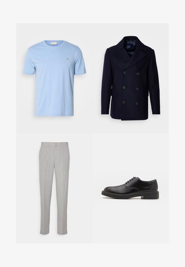 Isaac Dewhirst NEW SHORT PEACOAT SIDE ENTRY - Chaqueta de entretiempo - navy; Camiseta de manga corta azul claro hecha de algodón. Presenta un cuello redondo y un pequeño logo bordado en el lado izquierdo del pecho. Textura suave.; Pantalones gris claro con una textura suave, frente plano y piernas rectas. Hechos de una tela transpirable, con bolsillos internos y pasadores para cinturón.; Zapato negro de cuero con cordones, punta redondeada, textura suave, costuras mínimas y tacón bajo de goma. Logo en el tacón.