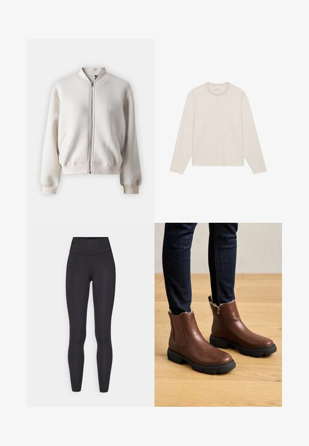 Beige värviga tõmblukuga bomber-jakk ümmarguse kaelusega, kahes eesosas taskuga, soonikute ja äärega, valmistatud pehmest ja siledast kangast.; Helehall pusa pikkade varrukatega, mis on valmistatud pehmest kangast. Omab ümardatud kaela, sirget allääret ja minimaalset õmblusteedet esiosas.; Mustad mustad värvilised leggings elastse materjaliga, millel on kõrge vöökoht, sile tekstuur ja väiksed perforatsioonid välistel jalgadel.; Pruunist nahast pahkluu saapad, millel on lukuga sulgemine, tekstureeritud pind, paks must kummitald ja pehme sulevooder pahkluul.