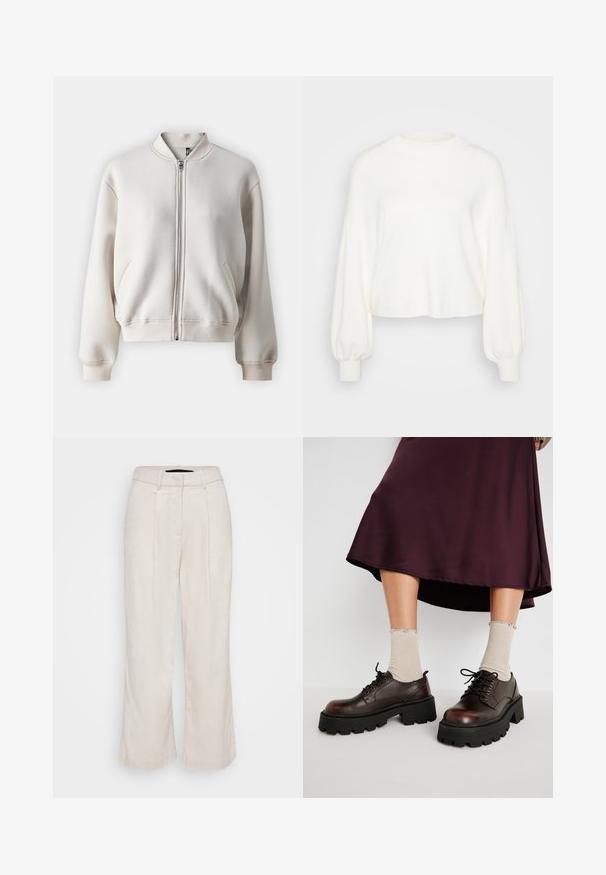 Veste bomber beige zippée avec un col rond, deux poches avant, des poignets et un ourlet côtelés, fabriquée en tissu doux et lisse.; Pull court blanc en maille douce. Doté de longues manches bouffantes avec des poignets côtelés et d'un col rond.; Pantalons en lin beige avec une taille haute, un devant plissé et des jambes larges. Présente un design épuré et un tissu texturé pour la respirabilité.; Chaussures en cuir brun à plateforme avec des semelles épaisses noires, associées à des chaussettes beiges côtelées avec des bords festonnés, sur un fond neutre.