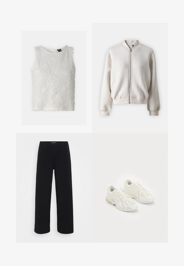 Bežinė zip-up bombonešio striukė su apvaliu apykakle, dviem priekiais kišenėmis, raukšlėtomis rankovėmis ir apatine dalimi, pagaminta iš minkštos, lygios medžiagos.; Balta be rankovių palaidinė, pasižyminti tekstūruotu audiniu su siuvinėtais gėlių raštais, apvaliu iškirpimu ir užsegimu nugaros pusėje.; Juodos plačios kelnės su elastingu juosmeniu. Pagamintos iš tekstūruotos medžiagos, turi laisvą siluetą ir tiesų kirpimą nuo klubų iki krašto.; Balti sportiniai bateliai su tinkleliu ir sintetinėmis medžiagomis, su raišteliais, paminkštinta apykakle ir tekstūruotu padu geresniam sukibimui. Lengvas dizainas.