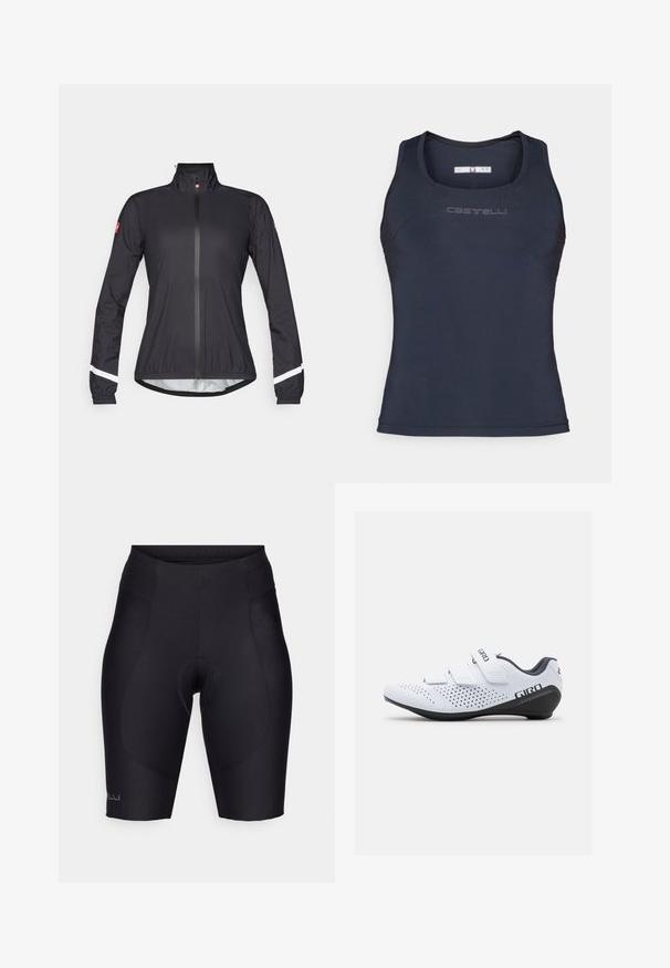 Melnā velosipēdu jaka ar augstu apkakli, pilnu rāvējslēdzēju, elastīgiem piedurkņu galiem un atstarojošiem baltiem akcentiem uz piedurknēm. Izgatavota no viegla materiāla.; Jūras zila sporta topa blūze, kas izgatavota no gludas, elastīgas auduma. Tam ir noapaļota dekoltē līnija un diskrēta zīmola emblēma uz krūšu zona.; Melni velosipēdu šorti, kas izgatavoti no elastīga materiāla, ar iešūtu spilventiņu, elastīgu jostu un gludām šuvēm, lai nodrošinātu pieguļošu piegriezumu.; Giro STYLUS - Riteņbraukšanas apavi - white