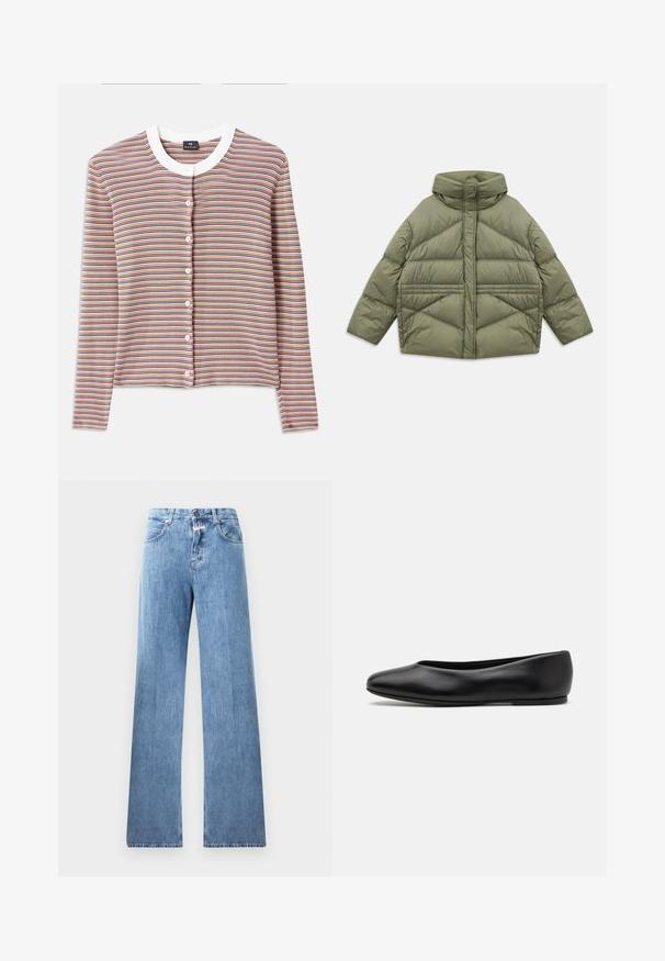Olive green puffer jacket with high collar, diagonal stitching, long sleeves, and zippered side pockets, laid flat on white background.; Striped cardigan with long sleeves, featuring a white round neckline and button closure. Colors include orange, blue, and cream in horizontal stripes.; Cotton short-sleeve T-shirt with a crew neckline, featuring black vertical stripes on a white background and a straight cut design.; Light blue denim jeans with a wide-leg design, five pockets, belt loops, and a button closure. The fabric has a smooth texture.; Paul Smith TOPANGA - Ballet pumps - black