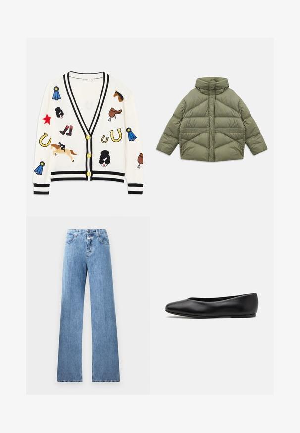Oliwkowa kurtka puchowa z wysokim kołnierzem, ukośnymi szwami, długimi rękawami i zasuwanymi bocznymi kieszeniami, leżąca płasko na białym tle.; Biały kardigan z czarnym wykończeniem, zdobiony kolorowymi wyszywanymi wzorami przedstawiającymi konie, nagrody i postacie. Wzór zawiera również buty, gwiazdy i podkowy.; Bawełniana koszulka T-shirt z krótkim rękawem i okrągłym dekoltem, z czarnymi pionowymi paskami na białym tle oraz prostym krojem.; Jasnoniebieskie dżinsy o szerokim kroju, pięć kieszeni, szlufki na pasek i zapięcie na guzik. Tkanina ma gładką strukturę.; Paul Smith TOPANGA czarny