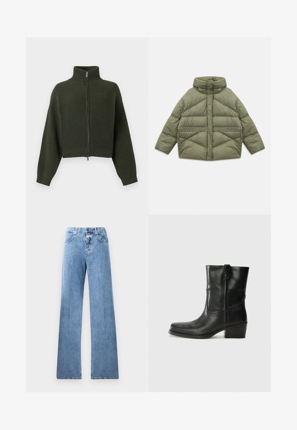 Oliivinvihreä untuvatakki korkealla kauluksella, vinonapituksilla, pitkillä hihoilla ja vetoketjullisilla sivutaskuilla, asetettuna tasaiseksi valkoista taustaa vasten.; Neulottu cropped neuletakki tummanvihreänä, jossa on korkea kaulus ja vetoketjusuljenta. Ominaisuuksiin kuuluu leveät hihat ja ribbitekstuuri koko kankaan alueella.; Lyhythihainen puuvillapaita, jossa on pyöreä pääntie, mustia pystysuoria raitoja valkoisella taustalla ja suora leikkaus.; Vaaleansiniset farkut, joissa on leveä lahje, viisi taskua, vyölenkit ja nappikiinnitys. Kankaan pinta on sileä.; Musta nahkasaapas nilkkamittaisella varrella, pyöreällä kärjellä, lohkarekorolla, sivuvetoketjulla ja ompeluaksentilla varren yläosassa. Suora pinta, klassinen muotoilu.