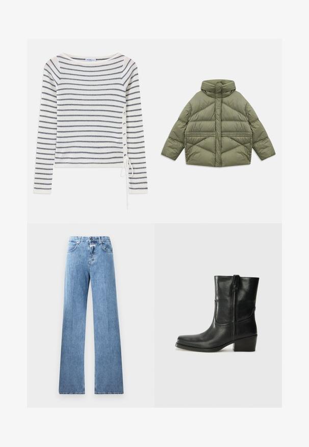 Olive green puffer jacket with high collar, diagonal stitching, long sleeves, and zippered side pockets, laid flat on white background.; Striped long-sleeve top in white and navy, featuring a wide neckline and lace-up detail on the side. Made from a textured knitted fabric.; Cotton short-sleeve T-shirt with a crew neckline, featuring black vertical stripes on a white background and a straight cut design.; Light blue denim jeans with a wide-leg design, five pockets, belt loops, and a button closure. The fabric has a smooth texture.; Black leather ankle boot with a rounded toe, block heel, side zipper, and stitching accents on the vamp. Smooth texture, classic design.