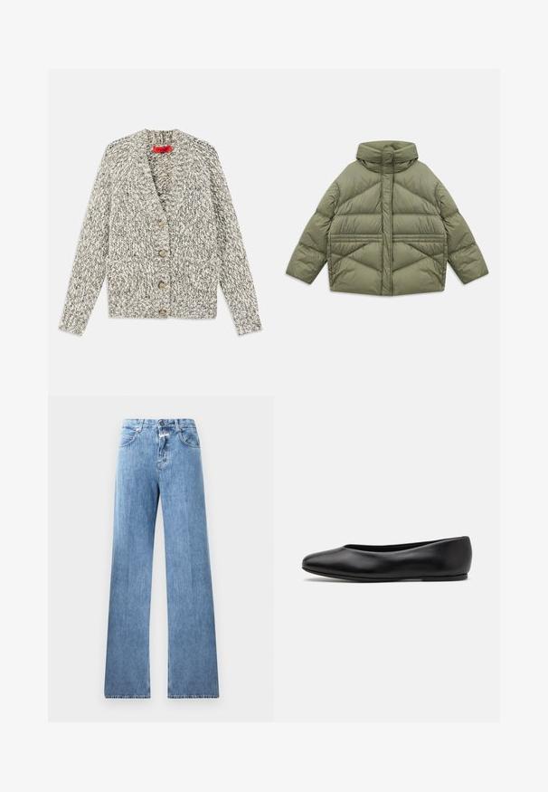 Oliwkowa kurtka puchowa z wysokim kołnierzem, ukośnymi szwami, długimi rękawami i zasuwanymi bocznymi kieszeniami, leżąca płasko na białym tle.; Szary i kremowy gruby kardigan z kołnierzem żakietowym, pięcioma drewnianymi guzikami i dwiema przednimi kieszeniami. Teksturowana włóczka i otwarty przód.; Bawełniana koszulka T-shirt z krótkim rękawem i okrągłym dekoltem, z czarnymi pionowymi paskami na białym tle oraz prostym krojem.; Jasnoniebieskie dżinsy o szerokim kroju, pięć kieszeni, szlufki na pasek i zapięcie na guzik. Tkanina ma gładką strukturę.; Paul Smith TOPANGA czarny