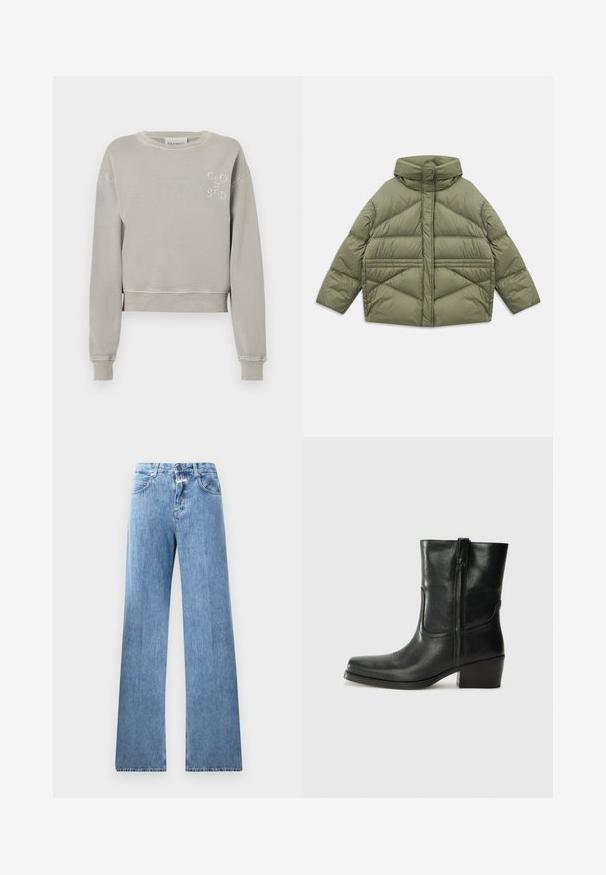Olive green puffer jacket with high collar, diagonal stitching, long sleeves, and zippered side pockets, laid flat on white background.; Light grey cropped sweatshirt in soft cotton with ribbed cuffs, crew neckline, and embossed "CLOSED" logo on the chest.; Light blue denim jeans with a wide-leg design, five pockets, belt loops, and a button closure. The fabric has a smooth texture.; Black leather ankle boot with a rounded toe, block heel, side zipper, and stitching accents on the vamp. Smooth texture, classic design.