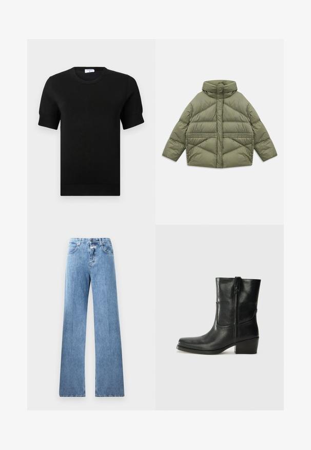 Olišu zaļš pūkains mētelis ar augstu apkakli, slīpiem šuvēm, garām piedurknēm un kabatām ar rāvējslēdzēju, izmests uz baltā fona.; Melnas īsām piedurknēm adīts tops ar apaļu izgriezumu. Piedurkņu un apakšmalas daļā ir smalkas ribota raksta detaļas, izgatavots no gludas auduma.; Gaiši zili džinsi ar platām kājām, pieci kabatas, jostu cilpas un pogu aizdare. Audumam ir gluda tekstūra.; Melna ādas potīte ar noapaļotu purngalu, bloku papēdi, sānu rāvējslēdzēju un šuvju akcentiem uz virsmas. Gluda tekstūra, klasiskā dizaina.