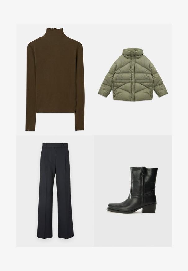 Olijfgroen pufferjack met hoge kraag, diagonale stiksels, lange mouwen en ritssluitingen aan de zijzakken, plat gelegd op een witte achtergrond.; Bruine langemouwen ribgebreide top met een hoge kraag en subtiele sla-edge afwerking op de kraag, manchetten en zoom.; Donkerblauwe pinstriped broek met een hoge taille, wijde pijpen en zonder zichtbare hardware of versieringen. Glad textuur en nauwkeurige pasvorm.; Zwarte leren enkellaars met een ronde neus, blokhak, zijrits en stikselaccenten op de wreef. Gladde textuur, klassiek ontwerp.